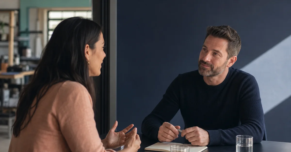 Two people listening and talking across a table during a hiring conversation