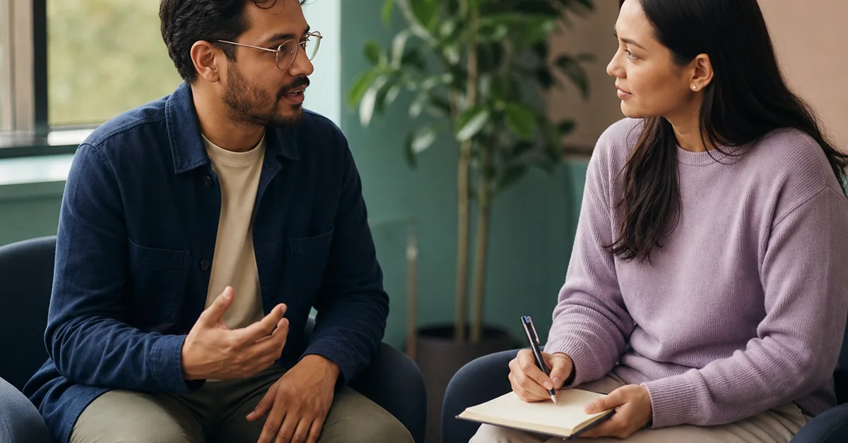 Two people talking through a check-in, with a notebook open between them