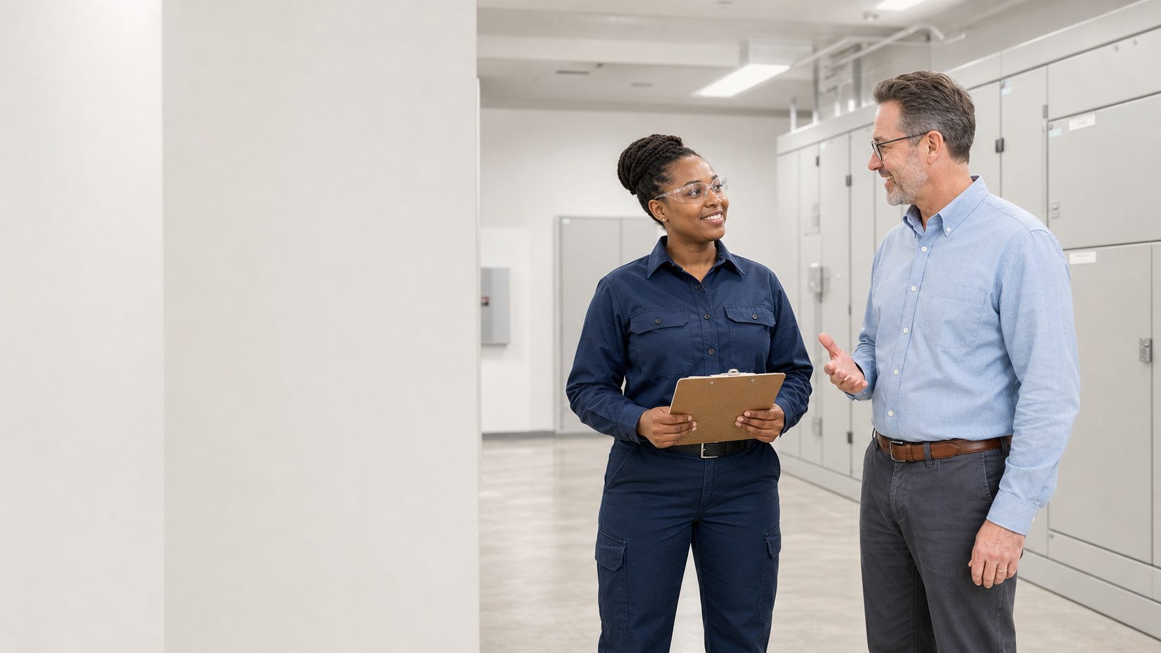 Smiling commercial electrician standing safely in a modern equipment room