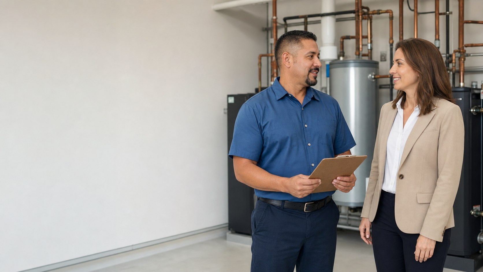 Smiling commercial plumber standing safely in a clean mechanical room