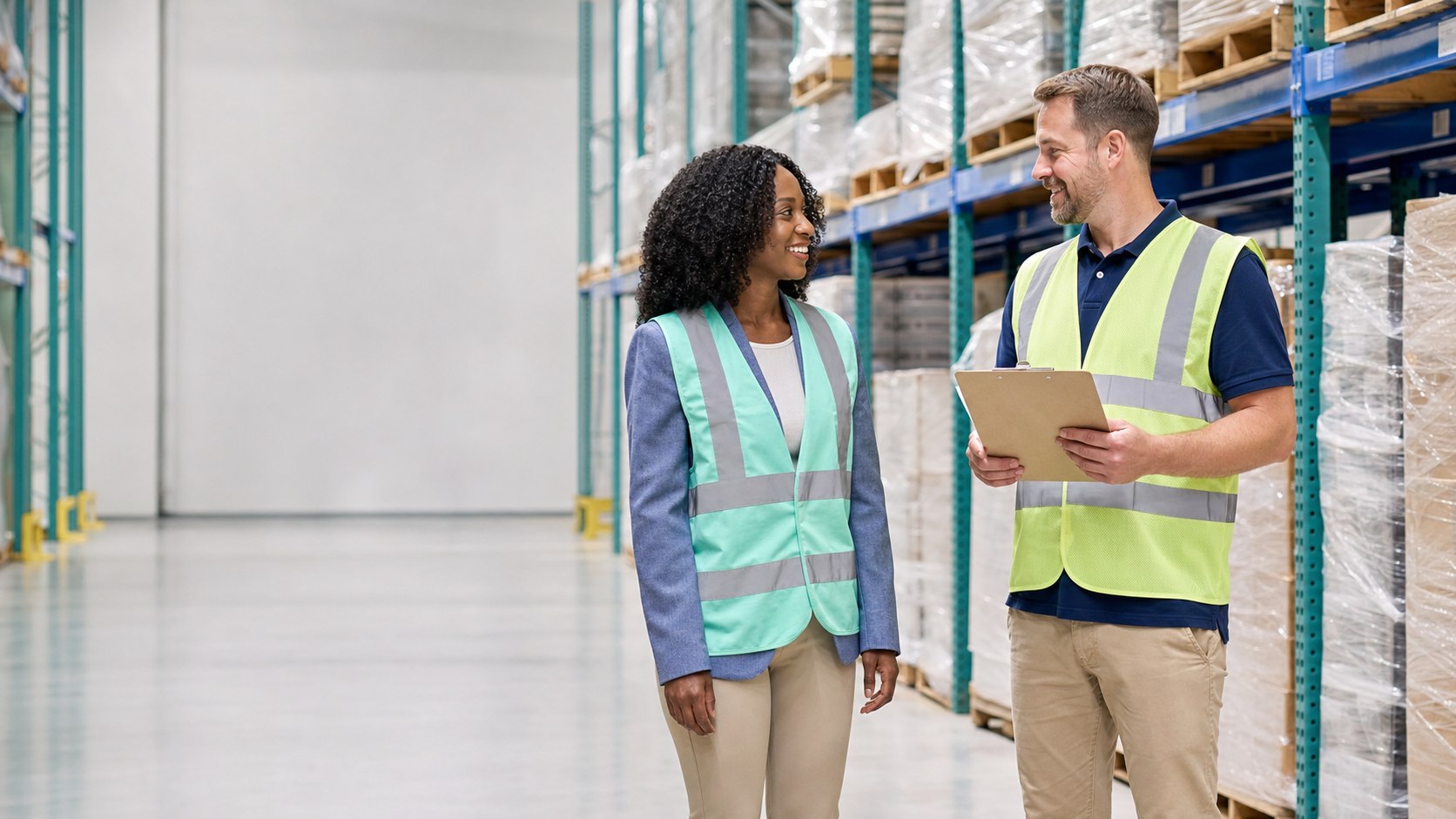 Two warehouse professionals having a friendly conversation beside a clipboard